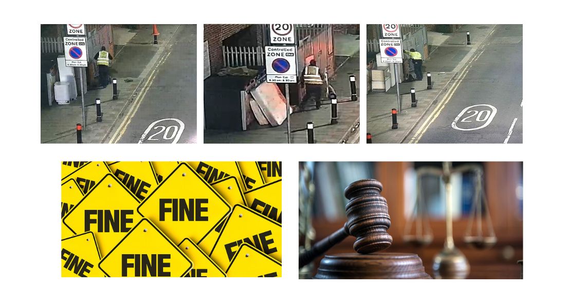 picture of fine, gravel and three pictures of an offender illegally depositing waste